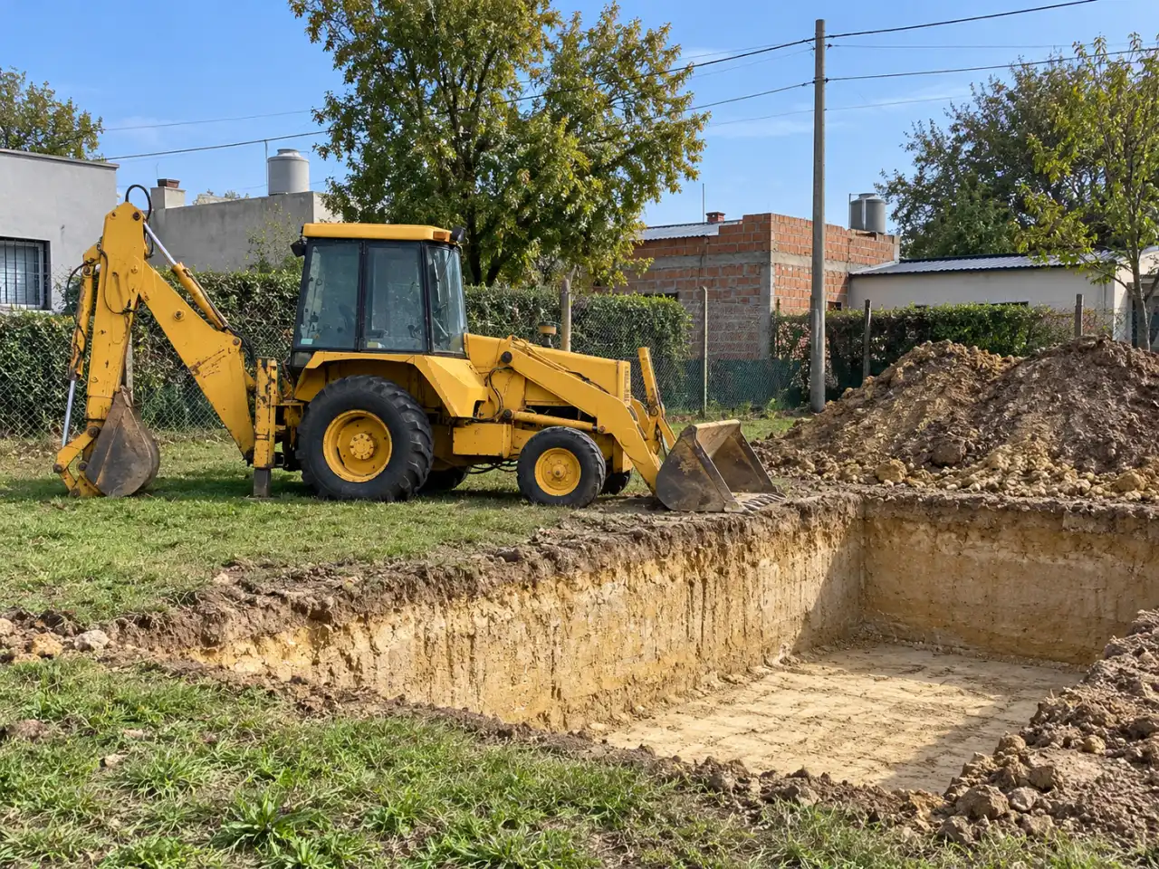 Retroexcavadora junto a una excavación para pileta en un lote del conurbano