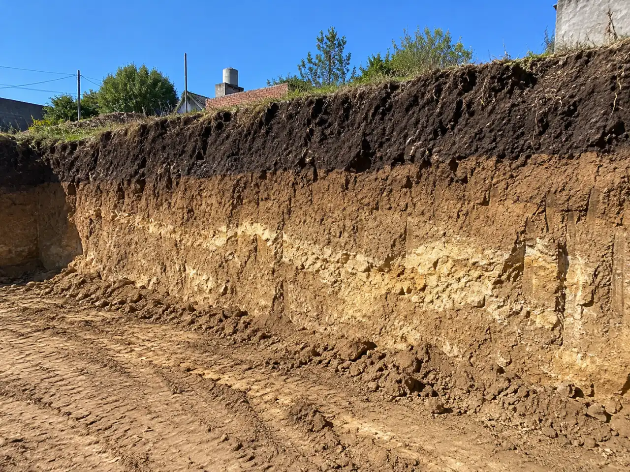 Capas de suelo en una excavación del conurbano: tierra vegetal arriba y limo pampeano debajo