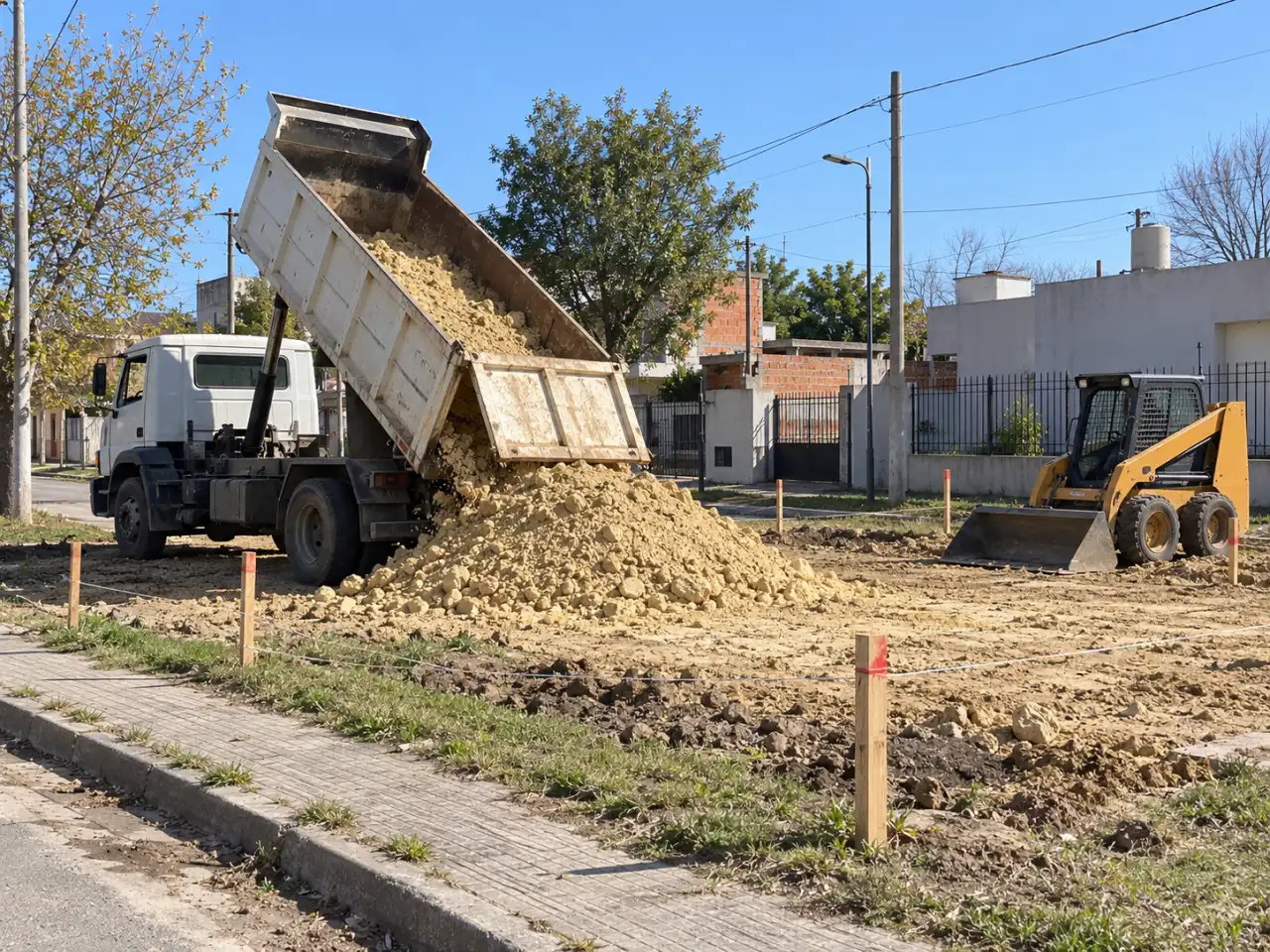 Camión descargando tosca en un lote del conurbano bonaerense